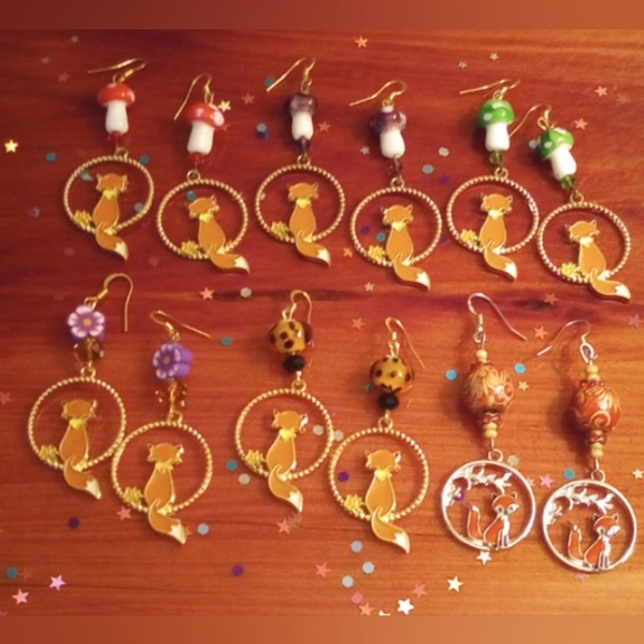 Fox Circle Mushroom Flower Beaded Handmade Unique Sparkly Hoop Earrings - Picture 7 of 7